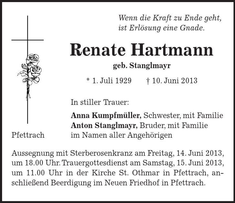 Traueranzeige Renate Hartmann