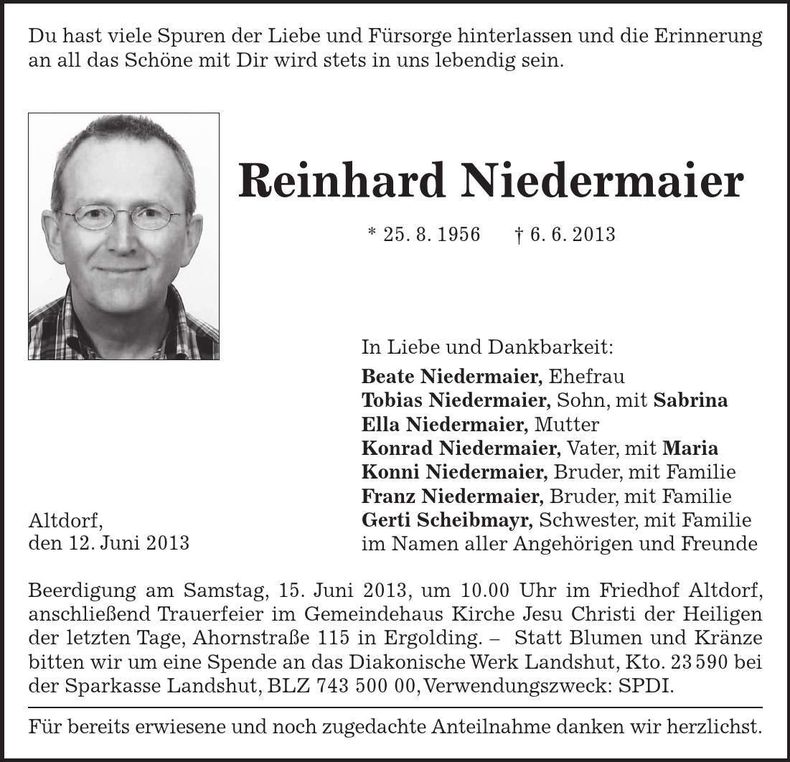 Traueranzeige Reinhard Niedermaier