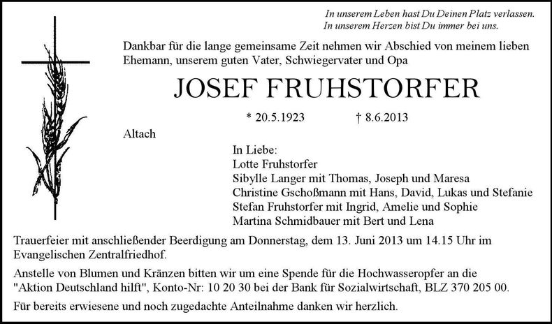 Traueranzeige Josef Fruhstorfer