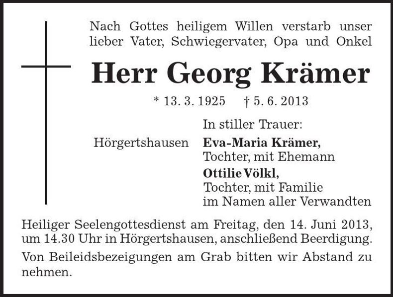 Traueranzeige Georg Krämer