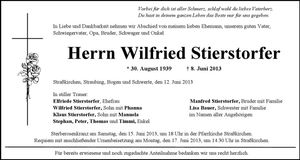 Traueranzeige Wilfried Stierstorfer