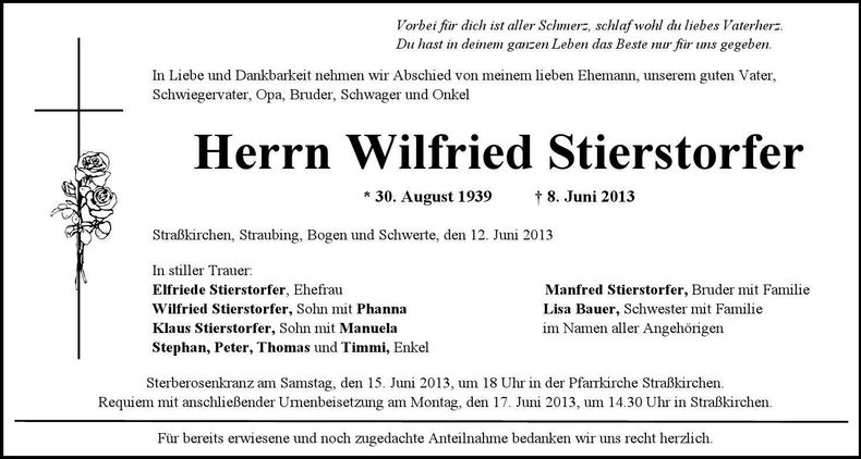 Traueranzeige Wilfried Stierstorfer