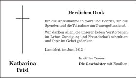 Traueranzeige Katharina Peisl