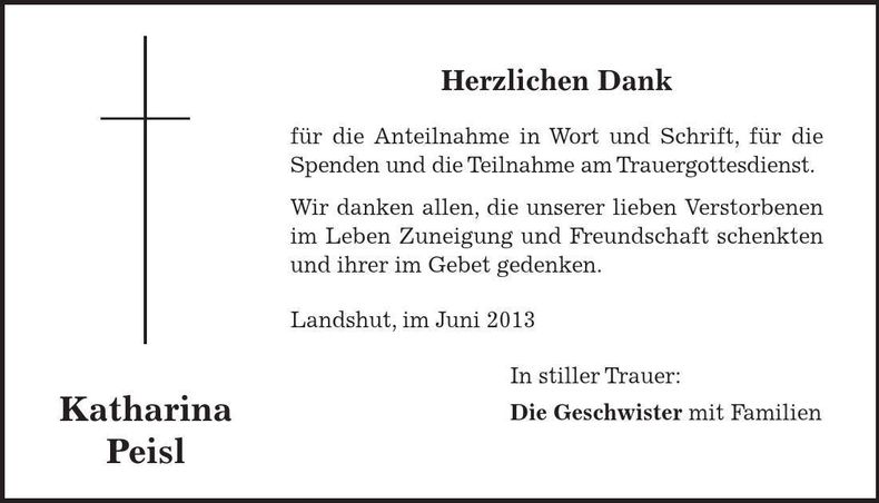 Traueranzeige Katharina Peisl