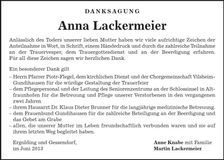 Traueranzeige Anna Lackermeier