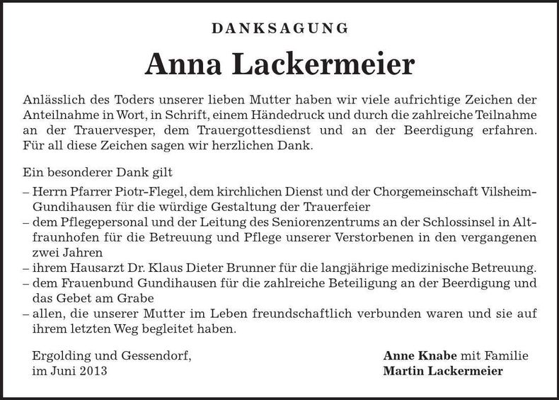 Traueranzeige Anna Lackermeier