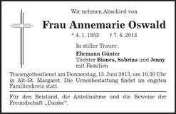 Traueranzeige Annemarie Oswald