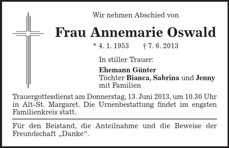 Traueranzeige Annemarie Oswald