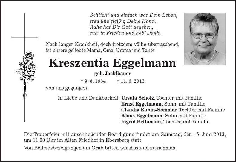 Traueranzeige Kreszentia Eggelmann