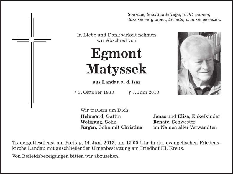 Traueranzeige Egmont Matyssek