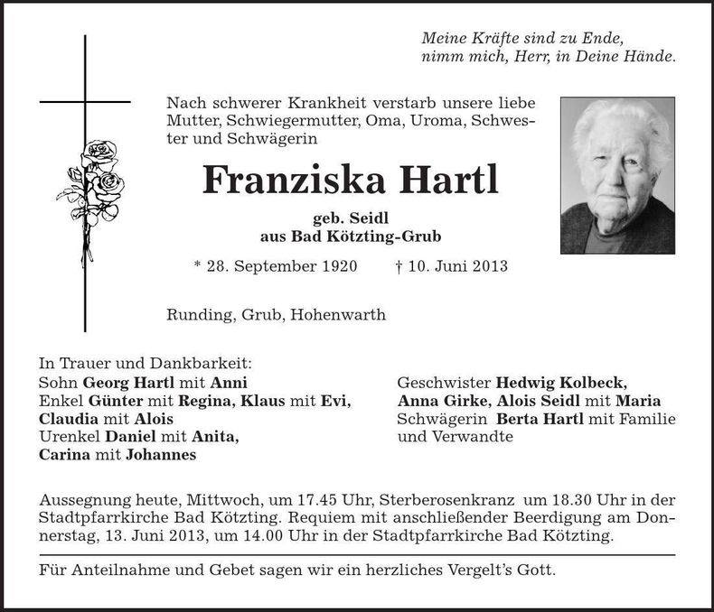 Traueranzeige Franziska Hartl