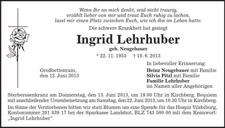 Traueranzeige Ingrid Lehrhuber