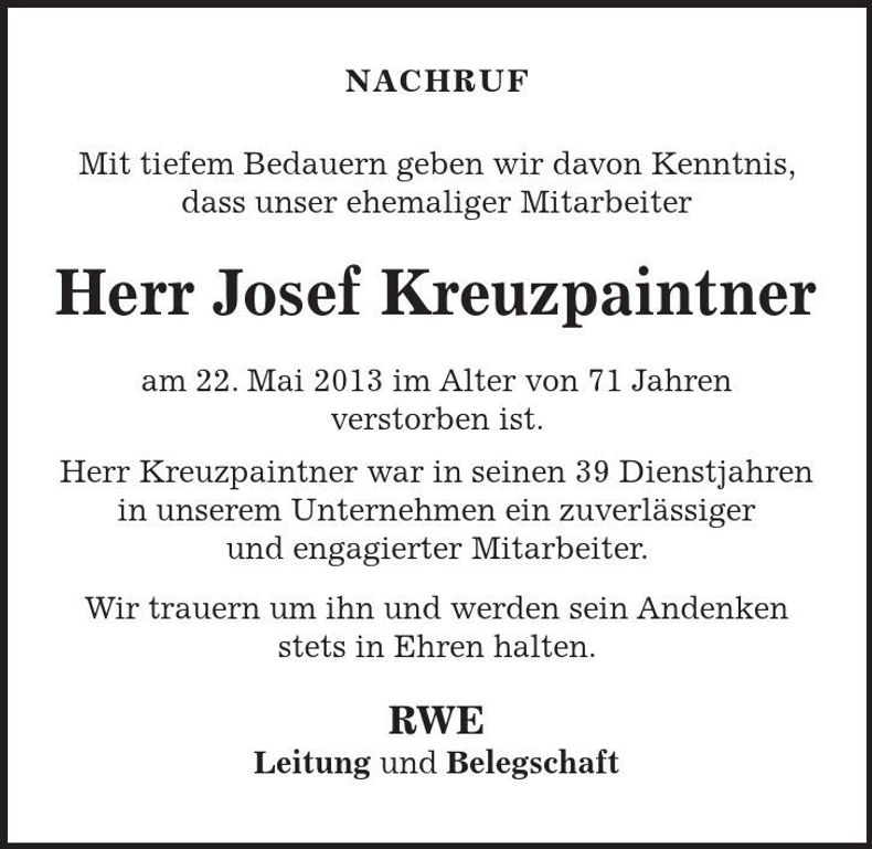 Traueranzeige Josef Kreuzpaintner