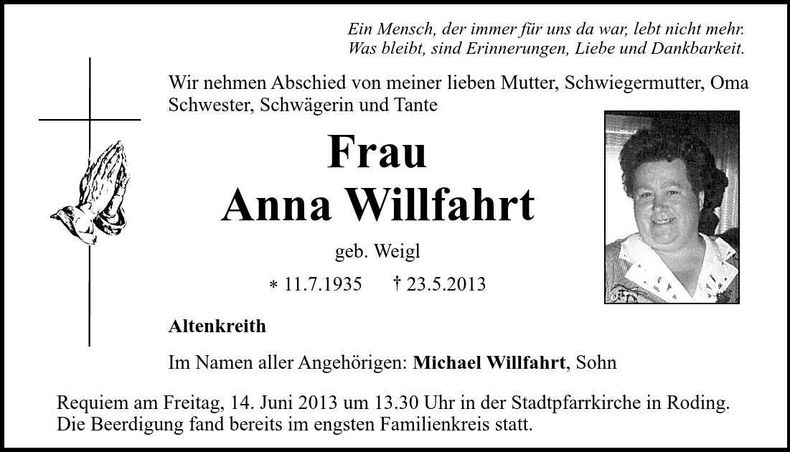 Traueranzeige Anna Willfahrt