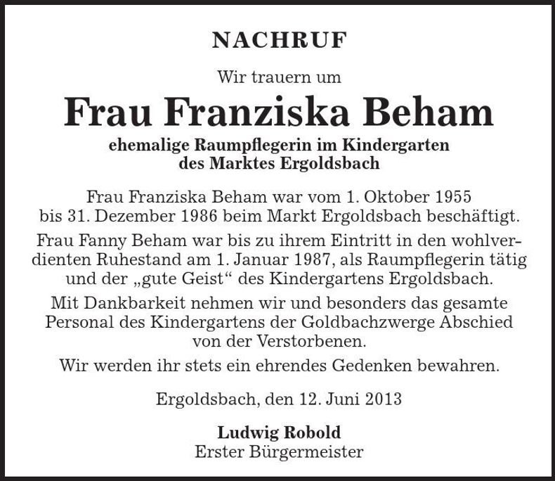Traueranzeige Franziska Beham