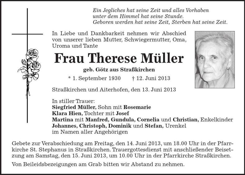 Traueranzeige Therese Müller