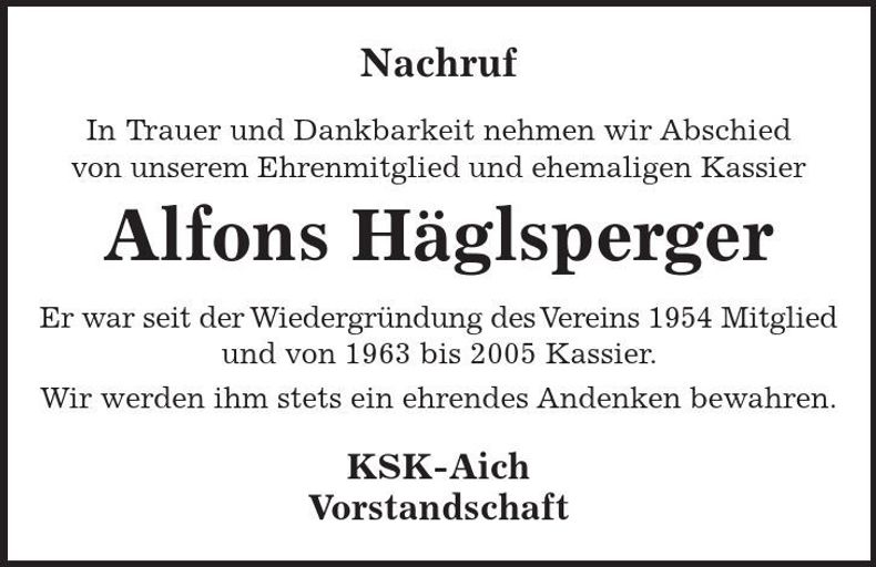 Traueranzeige Alfons Häglsperger