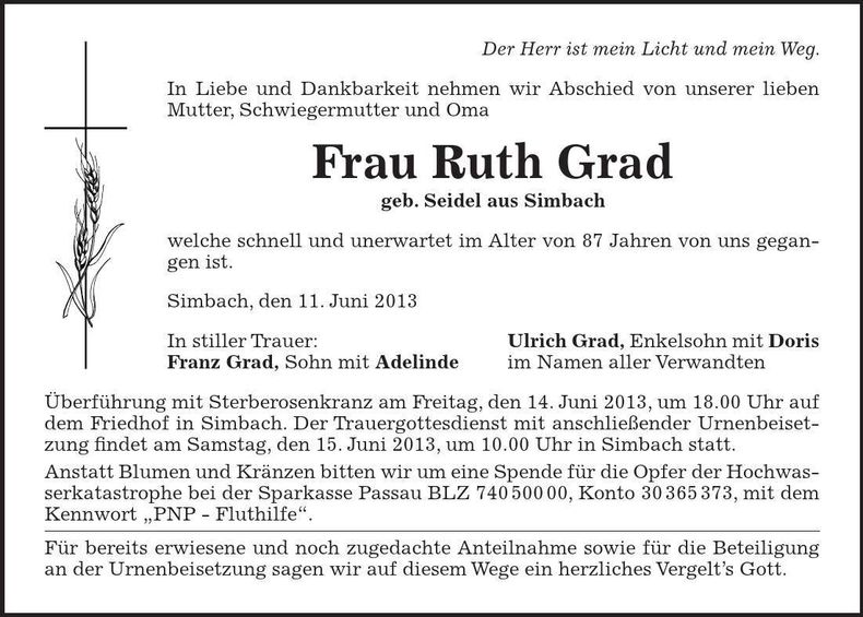 Traueranzeige Ruth Grad
