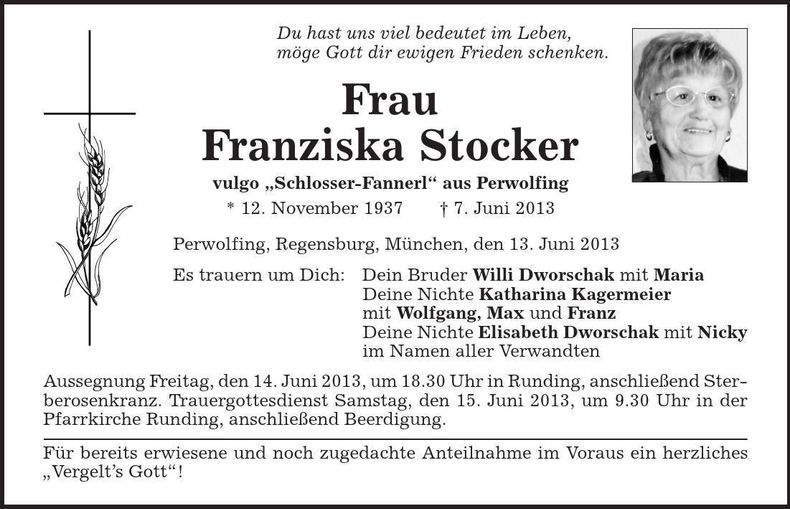 Traueranzeige Franziska Stocker