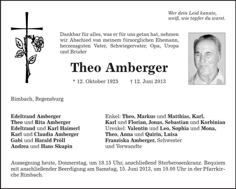 Traueranzeige Theo Amberger