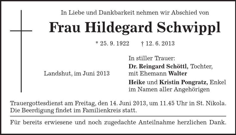 Traueranzeige Hildegard Schwippl