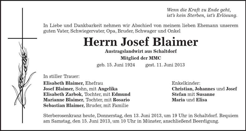 Traueranzeige Josef Blaimer