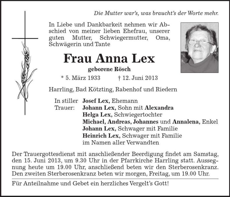 Traueranzeige Anna Lex