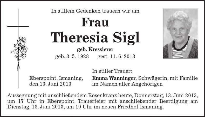 Traueranzeige Theresia Sigl