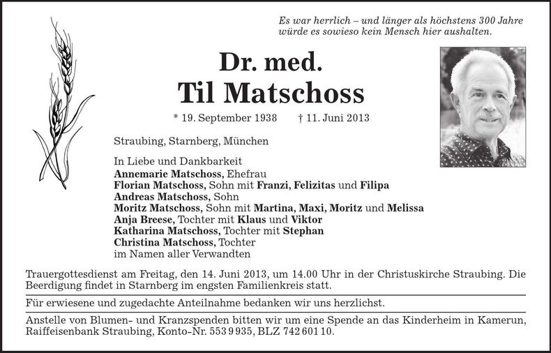 Traueranzeige Til Dr. Matschoss