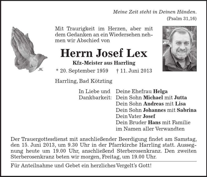 Traueranzeige Josef Lex