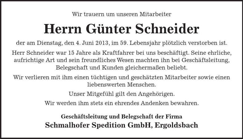 Traueranzeige Günter Schneider