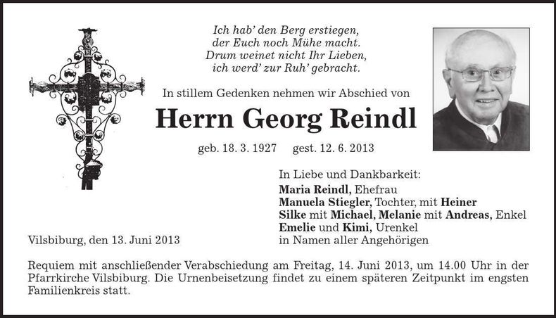 Traueranzeige Georg Reindl