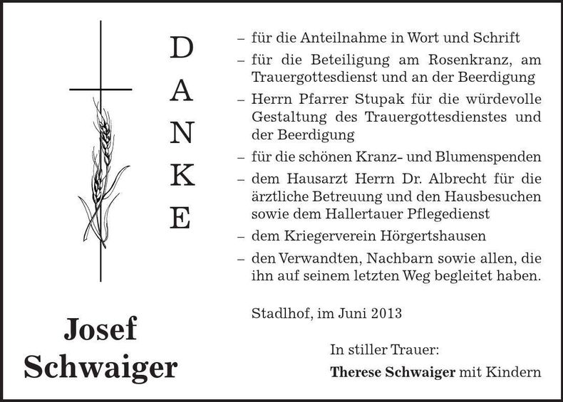 Traueranzeige Josef Schwiager