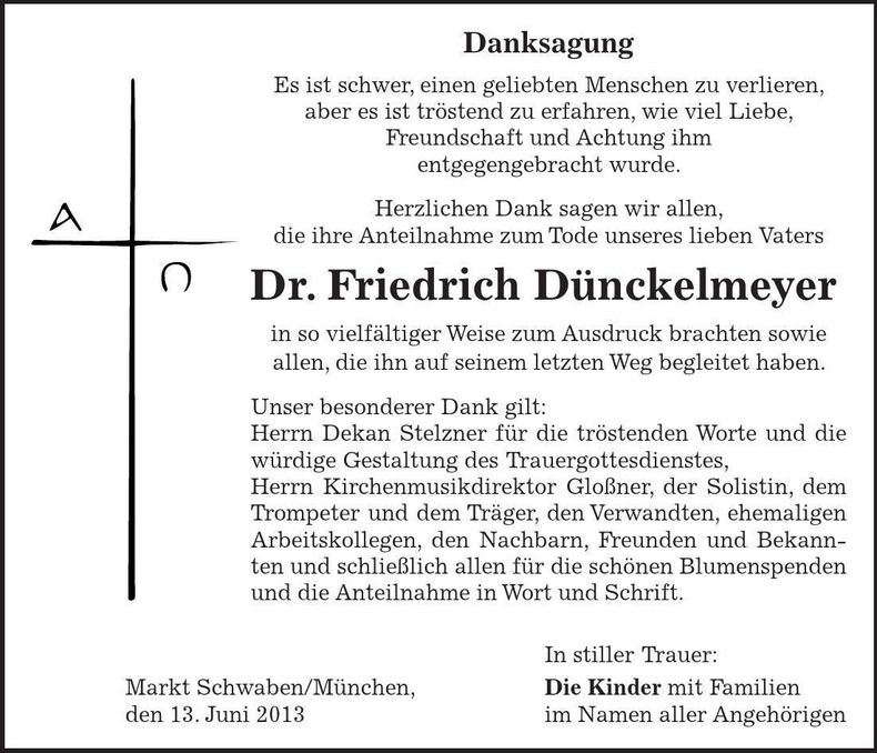 Traueranzeige Friedrich Dünckelmeyer
