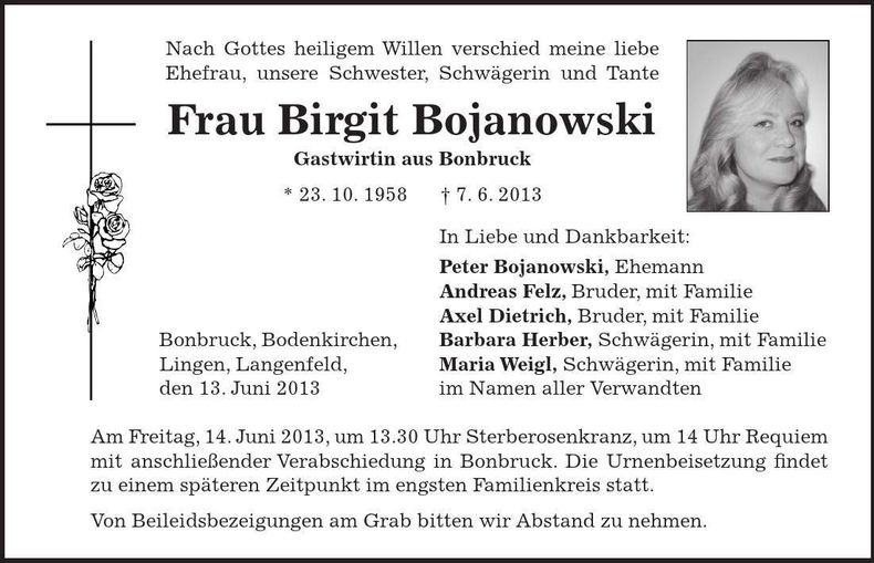Traueranzeige Birgit Bojanowski
