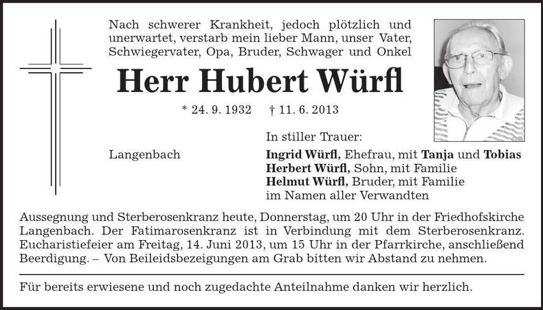 Traueranzeige Hubert Würfl