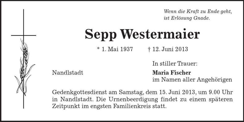 Traueranzeige Sepp Westermaier