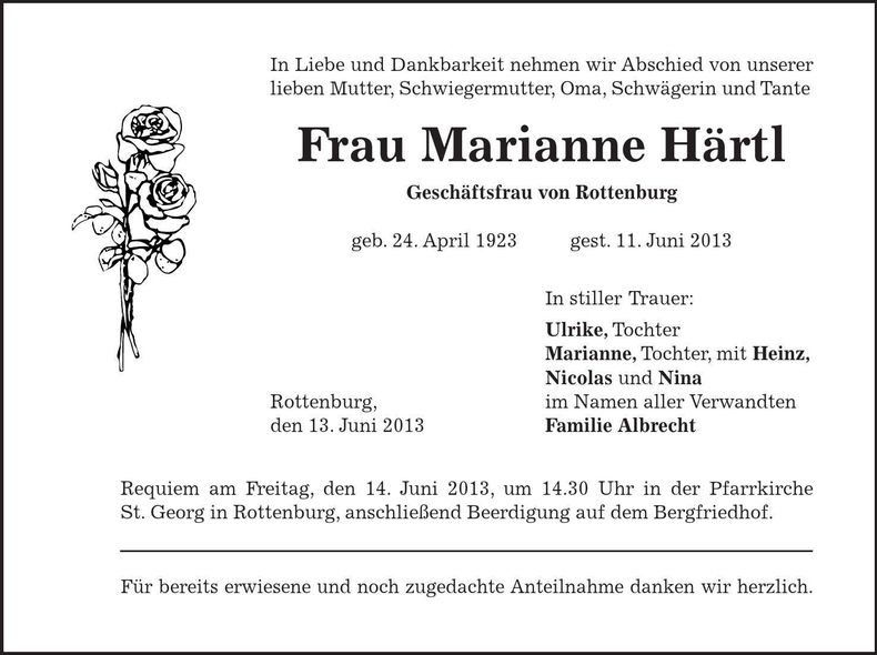 Traueranzeige Marianne Härtl