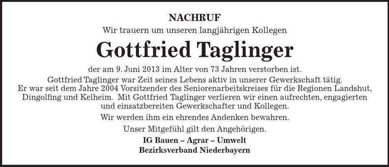 Traueranzeige Gottfired Taglinger