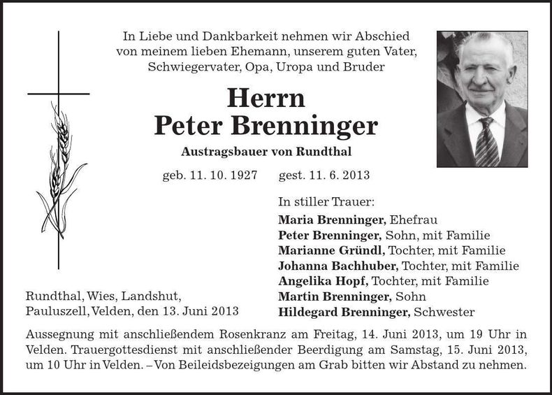 Traueranzeige Peter Brenninger