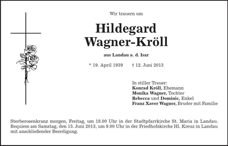 Traueranzeige Hildegard Wagner-Kröll
