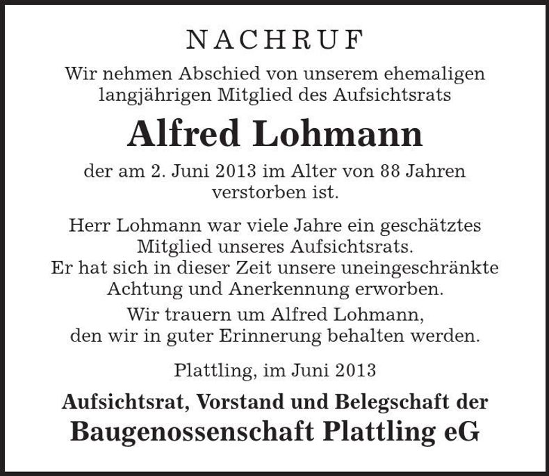 Traueranzeige Alfred Lohmann