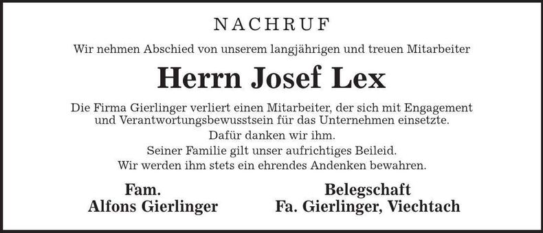 Traueranzeige Josef Lex