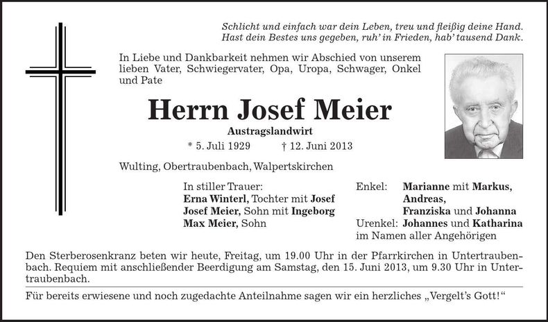 Traueranzeige Josef Meier