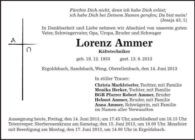 Traueranzeige Lorenz Ammer