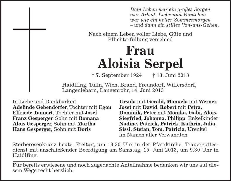 Traueranzeige Aloisia Serpel