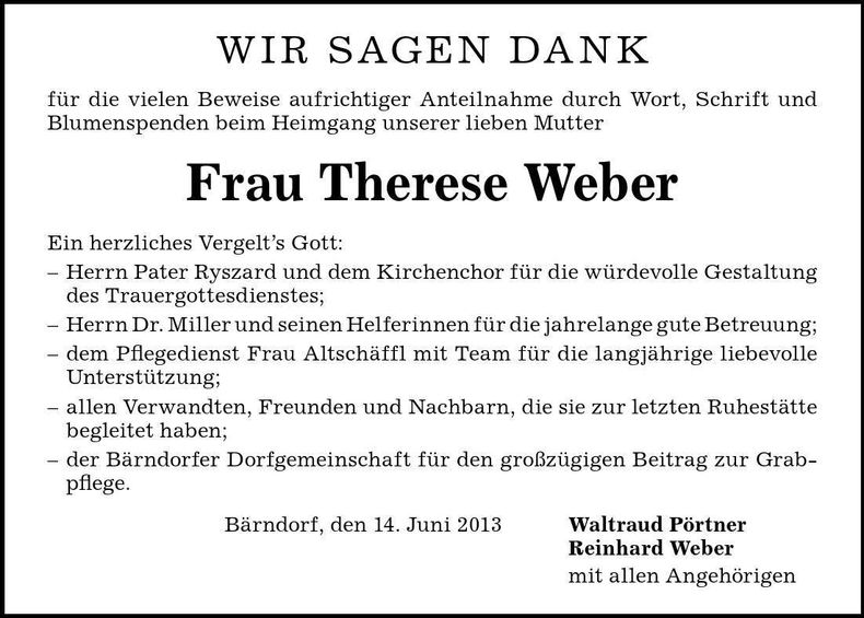 Traueranzeige Therese Weber