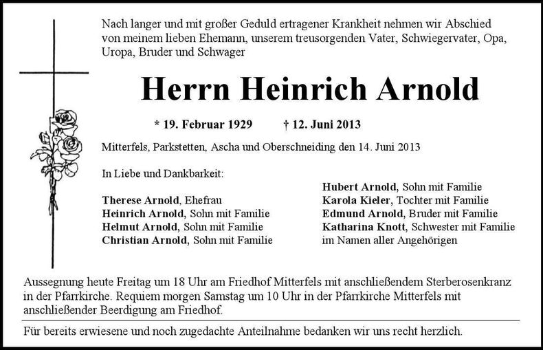 Traueranzeige Heinrich Arnold