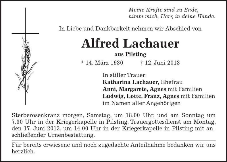 Traueranzeige Alfred Lachauer