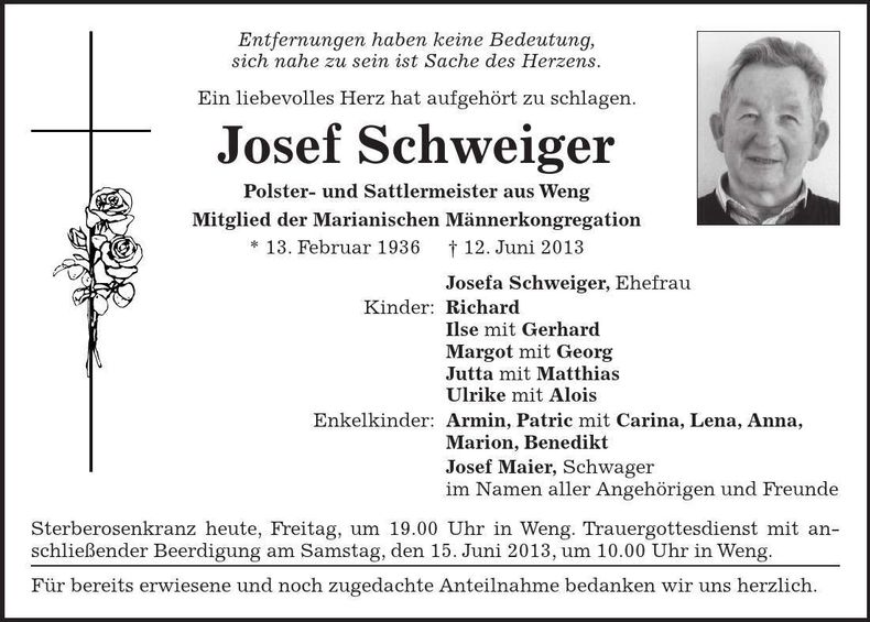 Traueranzeige Josef Schweiger